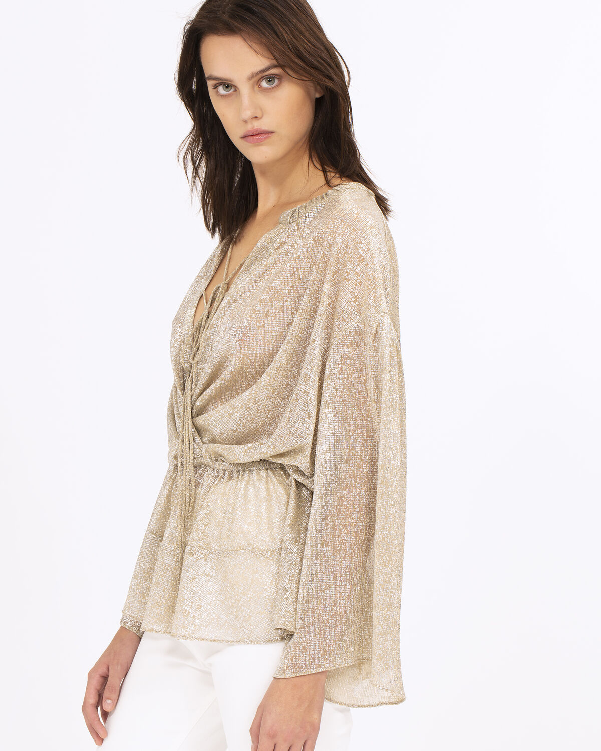 Photo of IRO Paris Spacious Top Light Nude - This Top Features Long Flared Sleeves, A Deep Crossed V-neck And Brilliant Lurex Details. With Its Marked Waist, It Will Bring A Feminine Touch To All Your Looks. Shirts-Tops