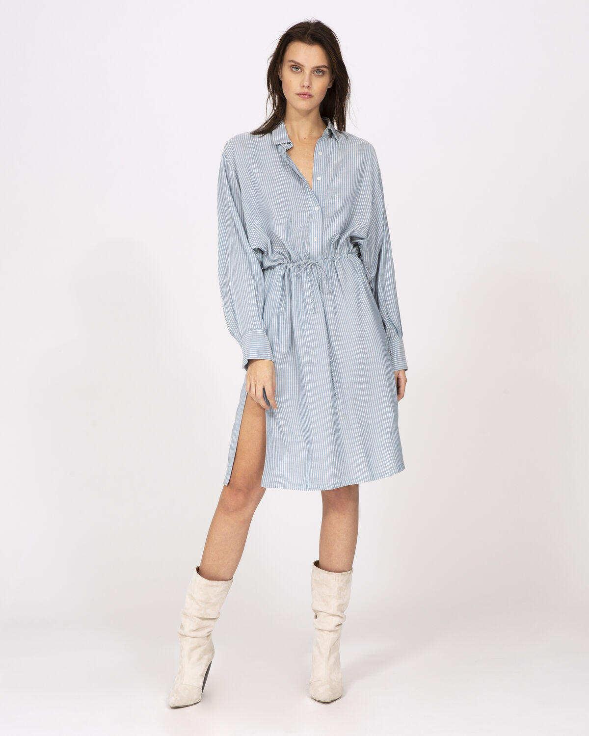 Photo of IRO Paris Markala Dress Light Blue - This Striped Split Shirt Dress Is Tightened At The Waist To Enhance Your Silhouette. Combine It With A Pair Of Boots For A Rock Allure. Dresses