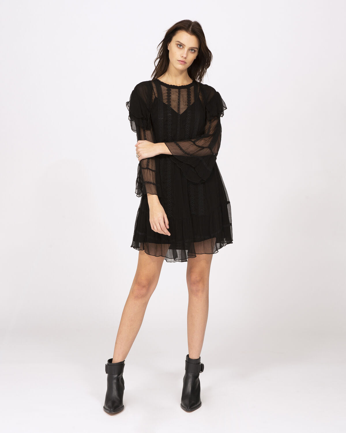 Photo of IRO Paris Western Dress Black - This Short Dress With 3/4 Sleeves Is Distinguished By Its Transparency And Multiple Flounces. With Its Delicate Embroidery, It Is The Ideal Piece For A Glam-rock Look. Dresses