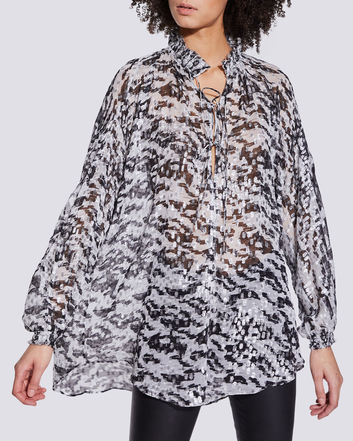 IRO - SELLA METALLIC PRINT TIE BLOUSE TOP BLACK/WHITE/SILVER