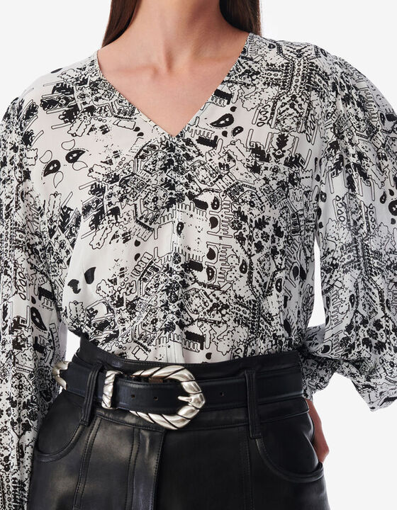 PRINTED V-NECK TOP WITH CUT-OUTS