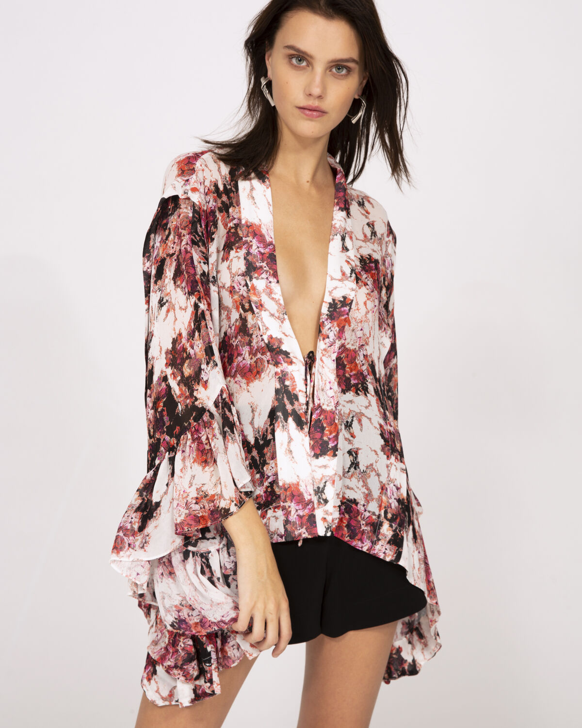 Photo of IRO Paris Ideal Top Ecru - This Oversized Top Is The Piece To Have This Season. Kimono Sleeves, Colorful Print, Deep Neckline: This Is A Top That Will Enhance You! Shirts-Tops