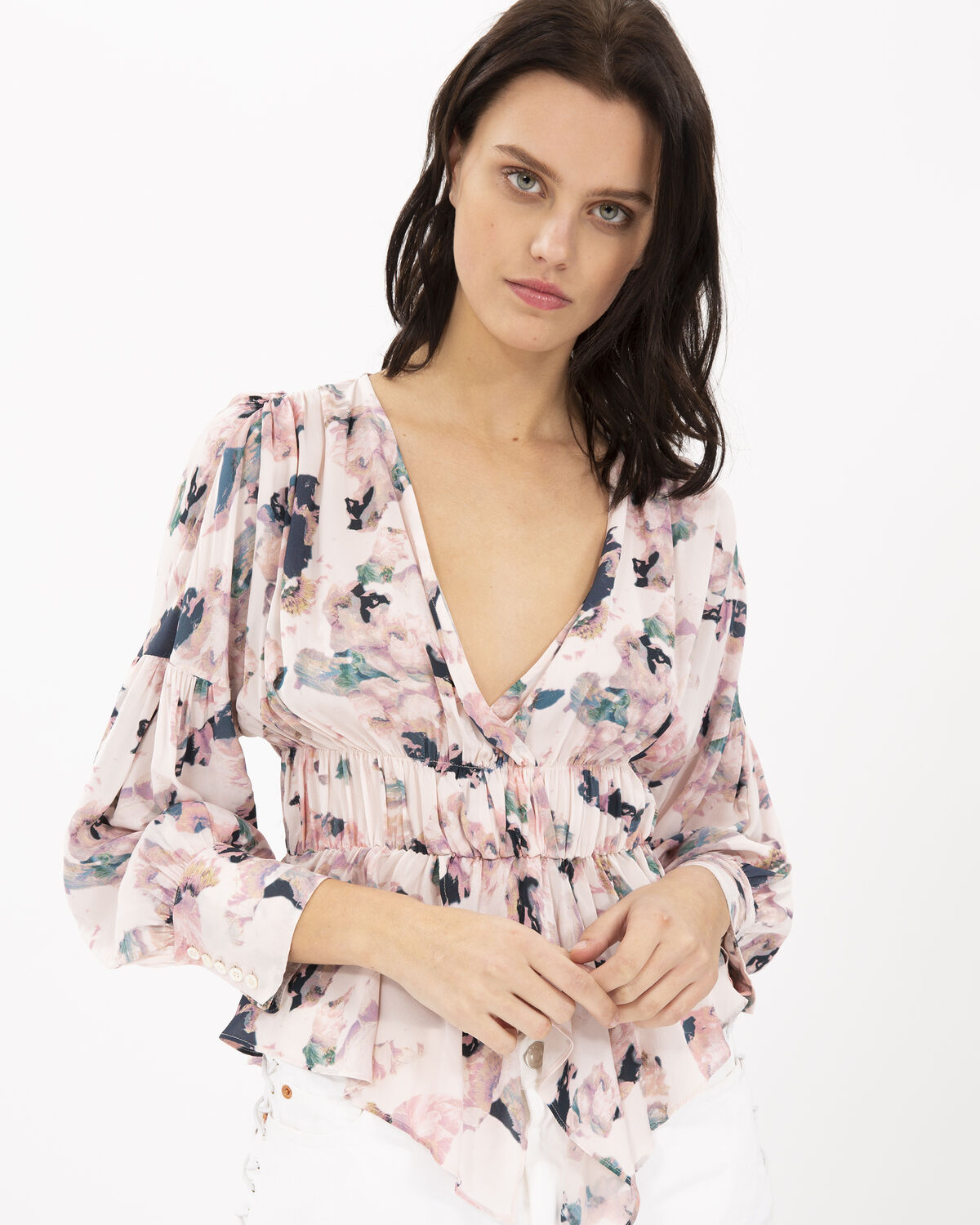 Photo of IRO Paris Rush Top Nude - This Floral Printed Top Features A V-neck, Ruffles And Structured Shoulders. Tightenable At The Waist And Wrists, It Enhances Your Silhouette. Spring Summer 19