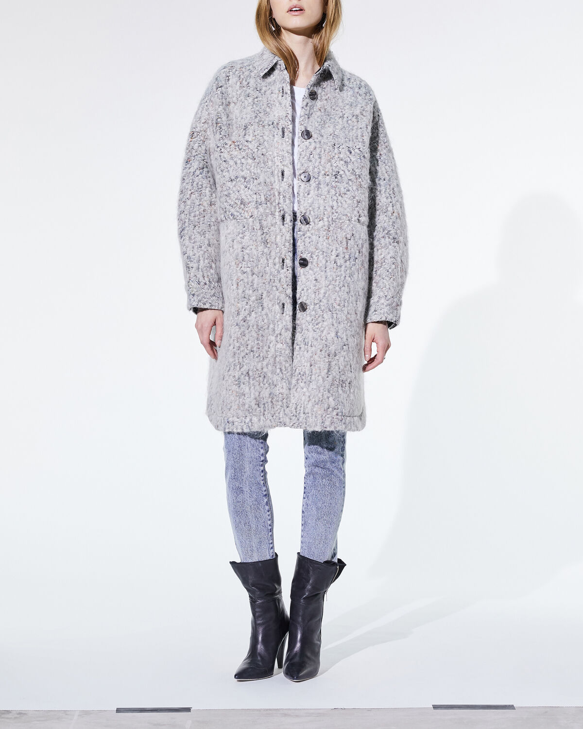 Photo of IRO Paris Abdona Coat Grey - With Its Hidden Colourful Shades, This Coat Will Bring A Resolutely Modern Touch To Any Outfit. Made From Wool, Mohair And Alpaca For A Warm Wear, It Is An Essential Of The Season. Wear It With Jeans For A Boyish Modern, Casual Look. Fall Winter 19