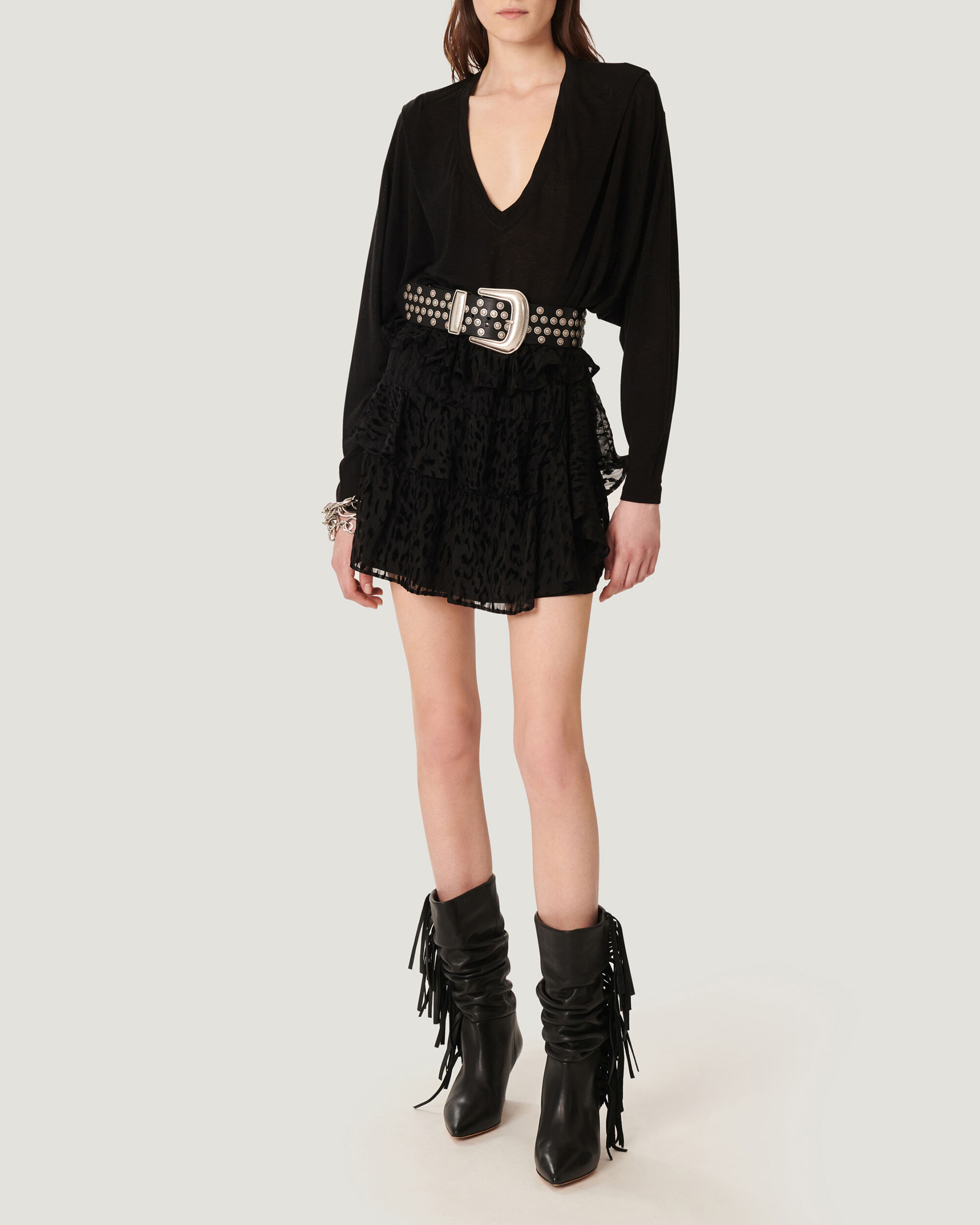 black ruffle mini skirt