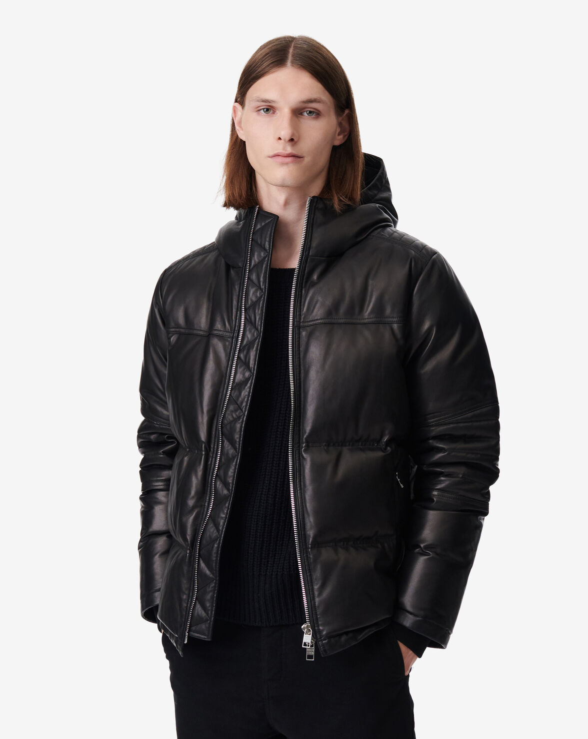 leather hooded down