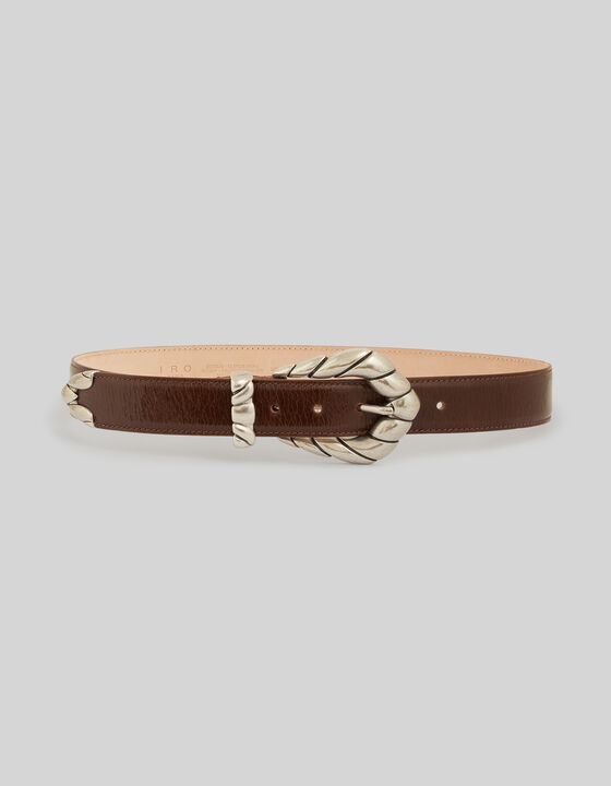 PATENT LEATHER BELT WITH SCULPTED BUCKLE