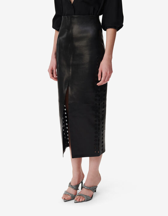 SPLIT LEATHER MIDI SKIRT