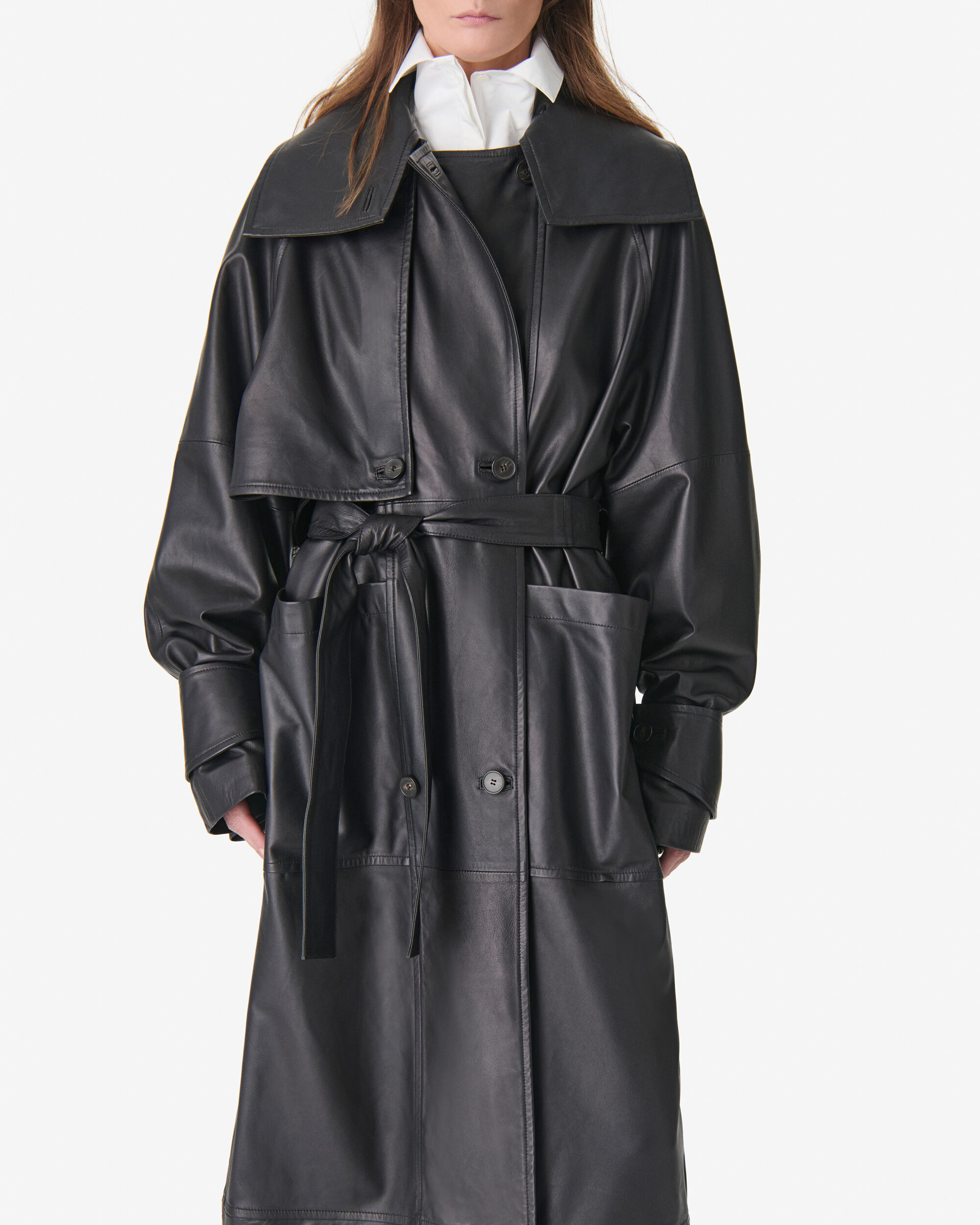 CORDOBA women black long leather trench coat | IRO