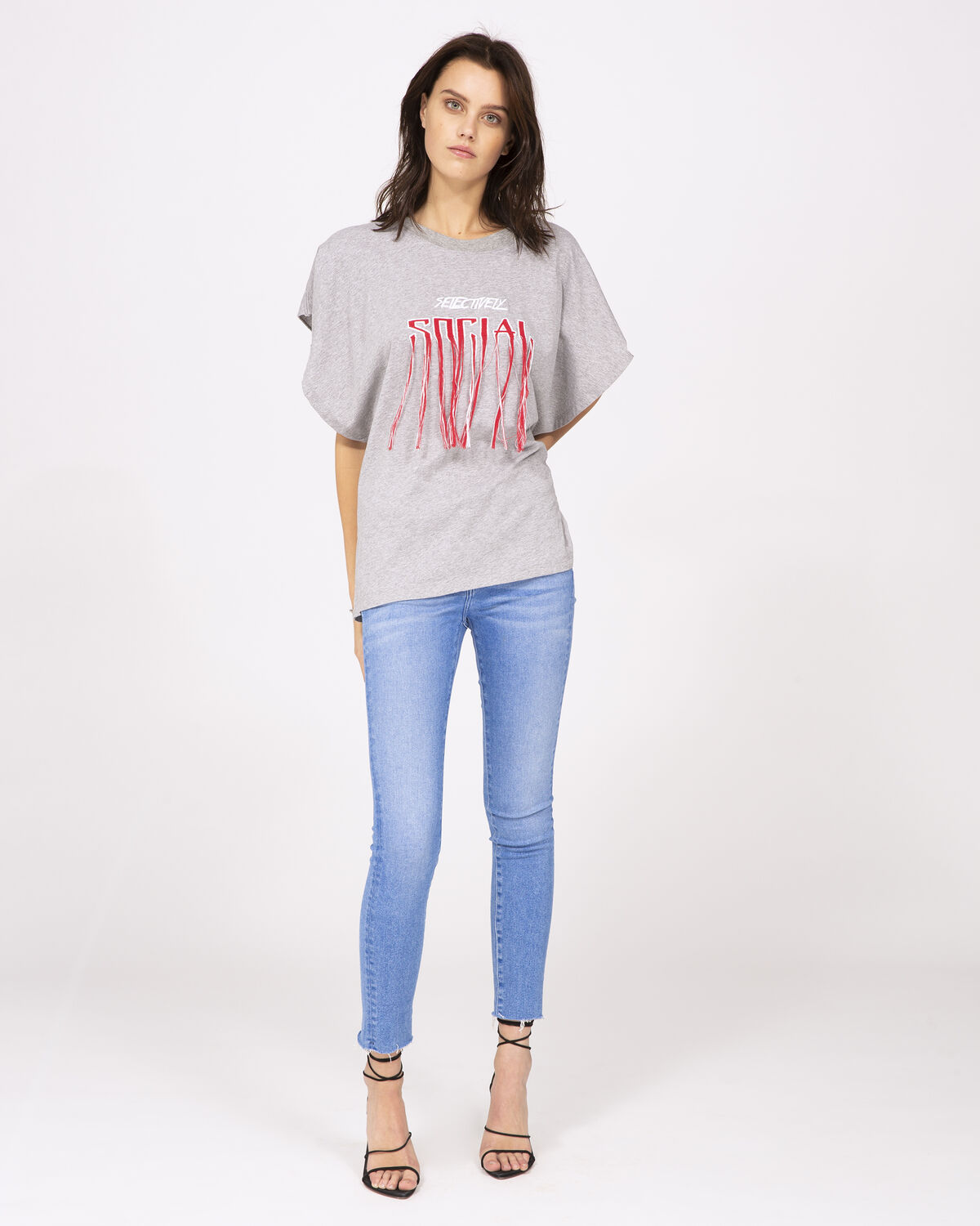 Photo of IRO Paris Vulpine T-Shirt Grey - This Oversized Cut T-shirt Is Characterized By Its selectively Social Silkscreen Printing/embroidery And Fringes. With Its Oversized Cut, Go For A Modern And Casual Look, Wearing It With Jeans And A Pair Of Heel Sandals. Spring Summer 19