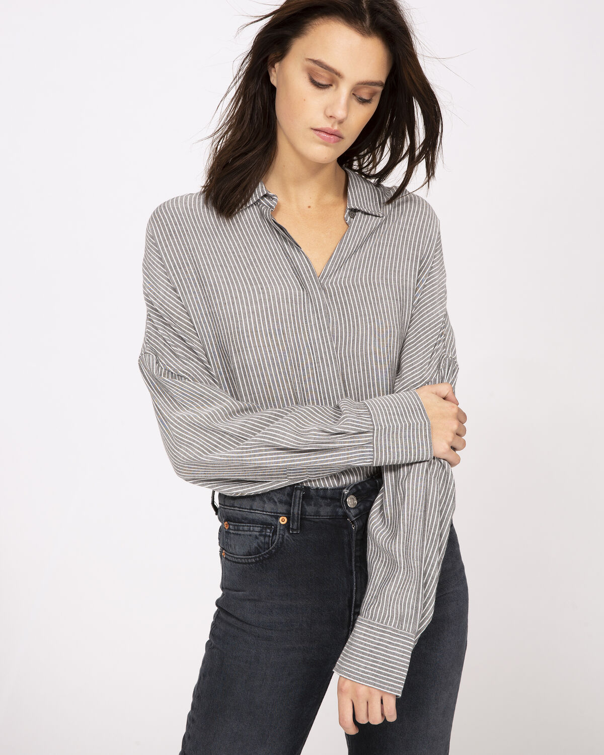 Photo of IRO Paris Markina Shirt Black And White - This Grey Striped Shirt Is Distinctive For Its Oversized Design. Fitted Into Trousers, It Can Be Worn For All Types Of Occasions. Shirts-Tops