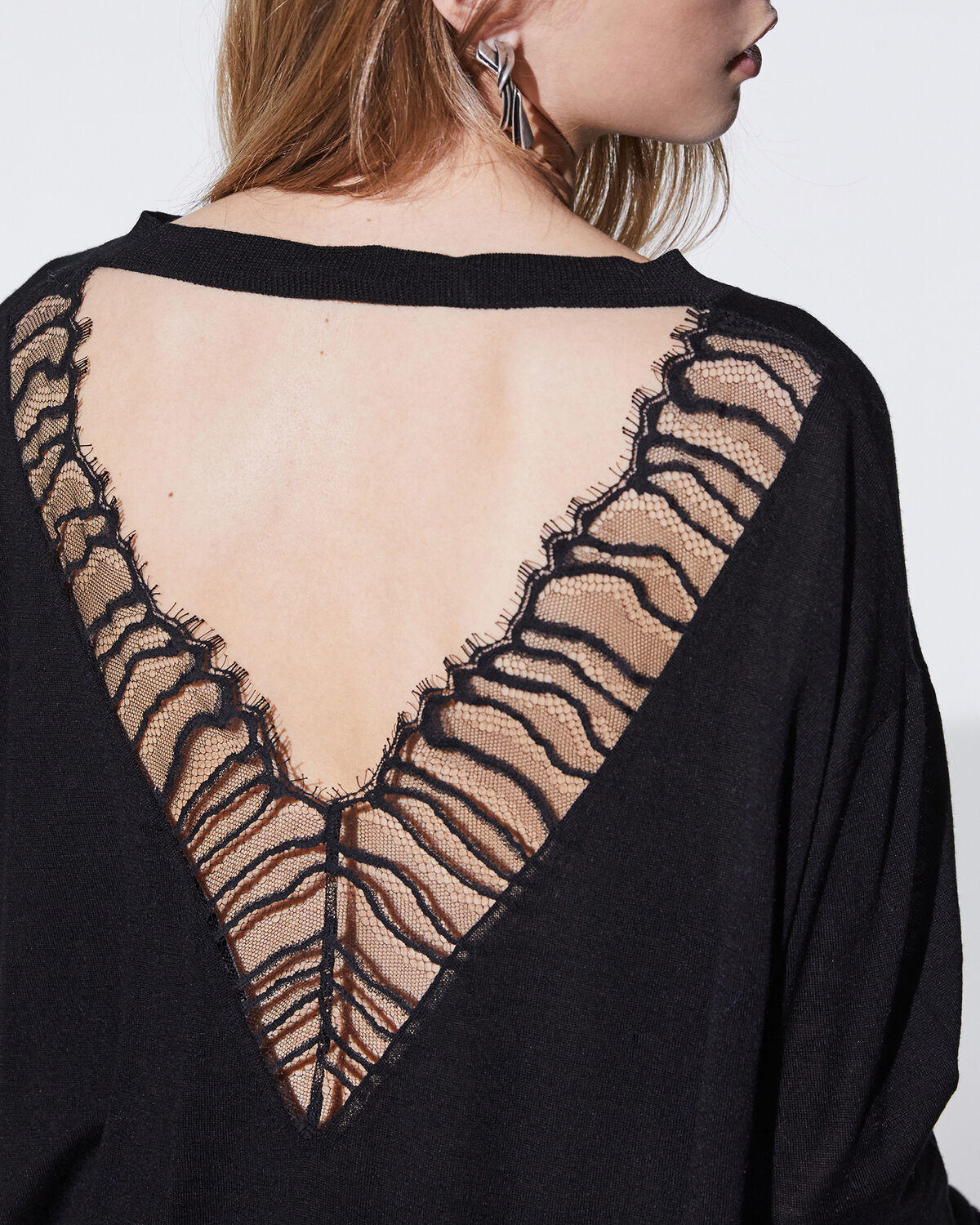 Photo of IRO Paris Ladson Sweater Black - This Mid-season Sweater With Bat Sleeves Is Adorned With A Fine Lace Braid On The Back For A Resolutely Feminine Look. Wear It With A Leather Skirt For A Chic Rock Look. Fall Winter 19