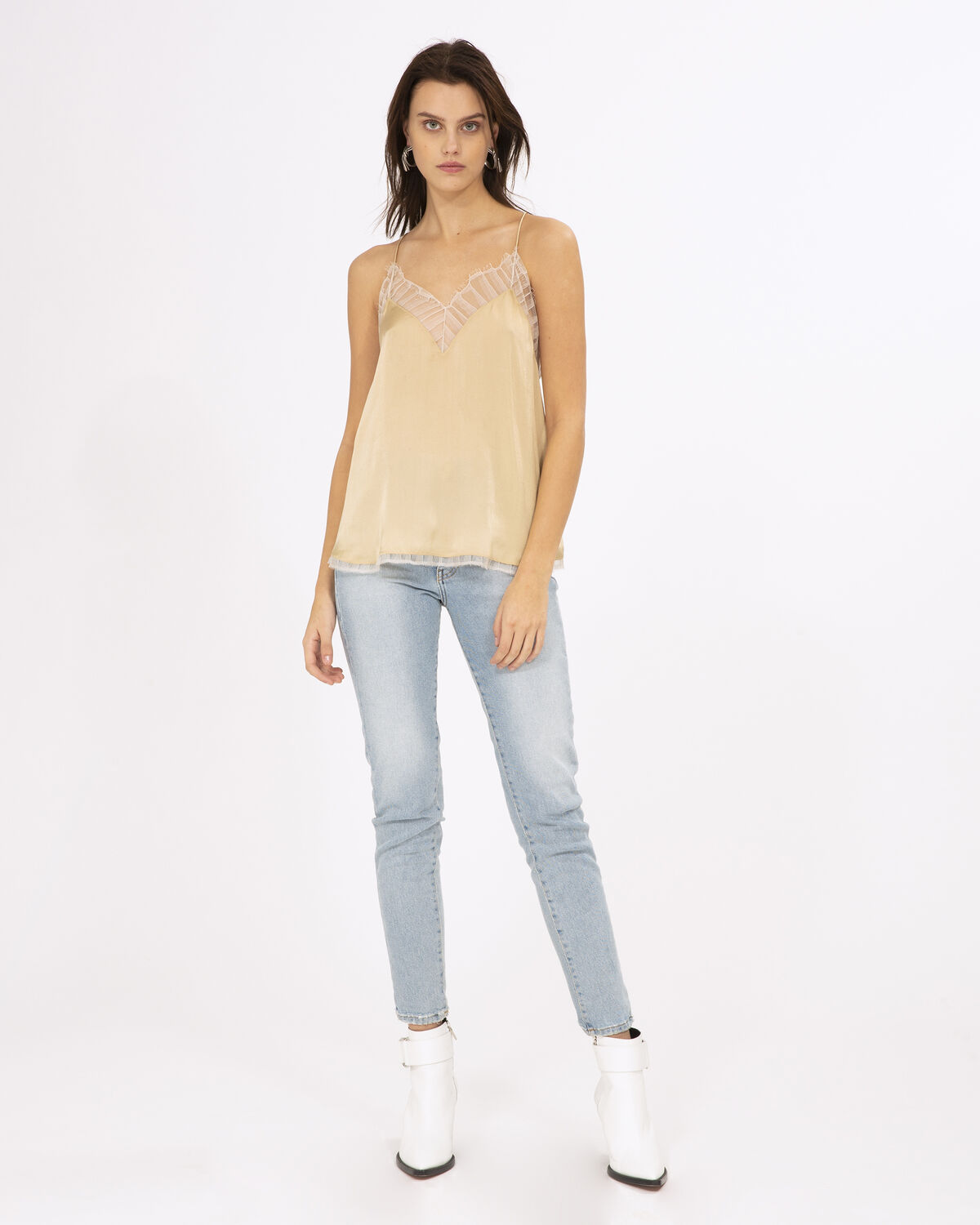 Photo of IRO Paris Berwyn Top Beige - Fluid And Airy, This Silk Top Is Distinguished By Its Lace Details, For A Romantic And Refined Look. It Is One Of Iro's Most Iconic Pieces. New In