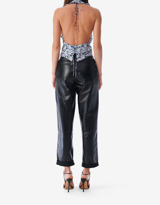 PRINTED BACKLESS V-NECK TOP