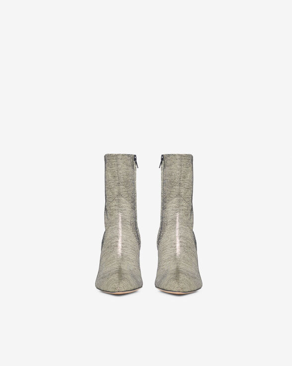 DAVY LÉZARD FOIL HIGH-HEEL ANKLE BOOTS