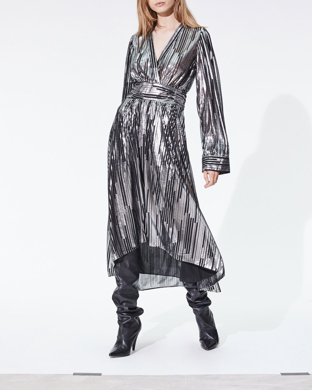 Photo of IRO Paris Eureka Dress Black And Silver - Light And Fluid, This Transparent Dress Is Distinguished By Its Fine Lurex Stripes And Heart-shaped Neckline. Structure Your Silhouette With This Aeriel Piece, Its Tightenable Waist And Puffed Sleeves. Dresses