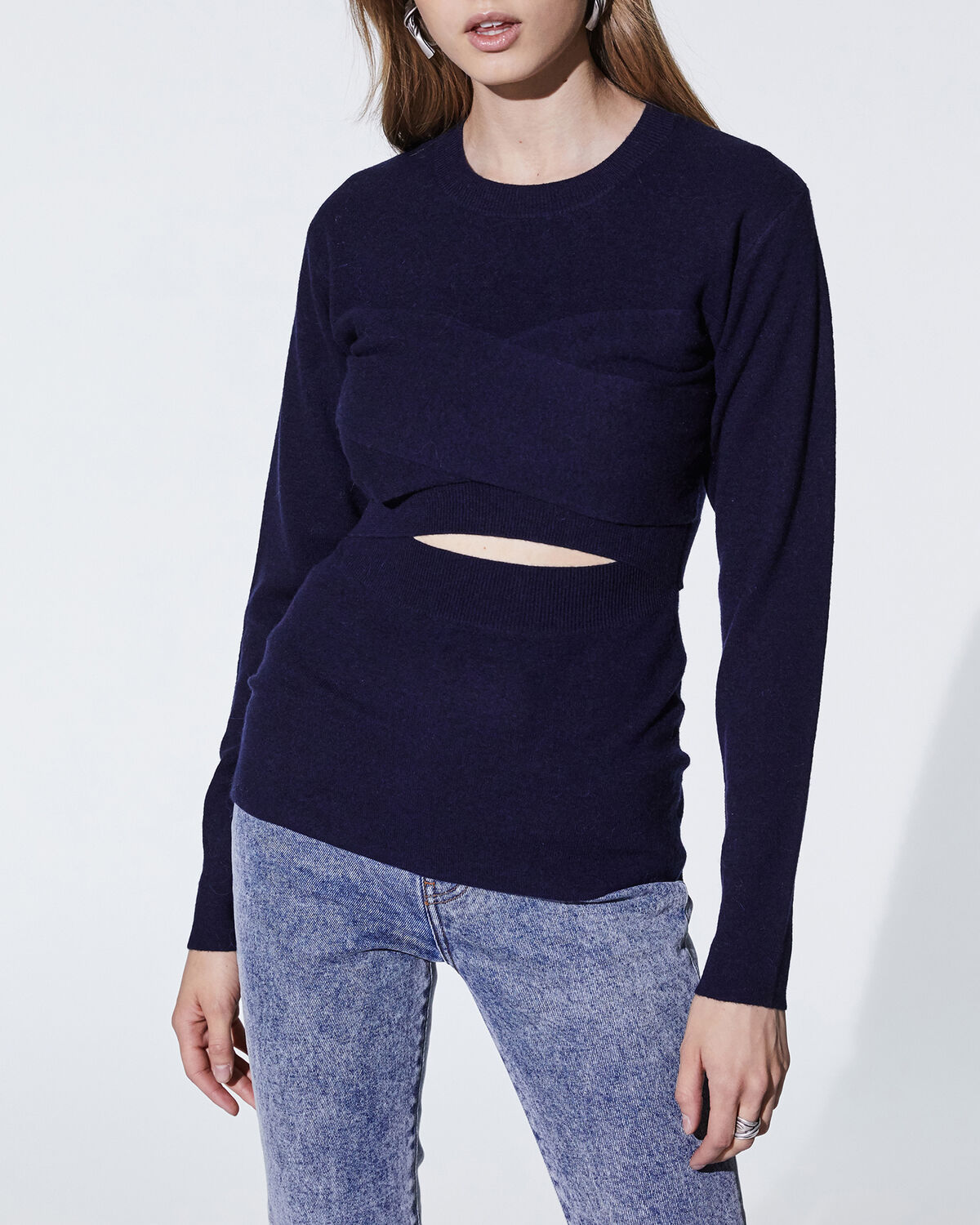 Photo of IRO Paris Denny Sweater Dark Blue - This Sweater Mixes Wool And Cashmere Is Worn Close To The Body. It Is Distinguished By Its Marked Shoulders And Draped Details. Its Plus? It Will Subtly Reveal Your Skin For A Resolutely Feminine And Glamorous Silhouette. Fall Winter 19