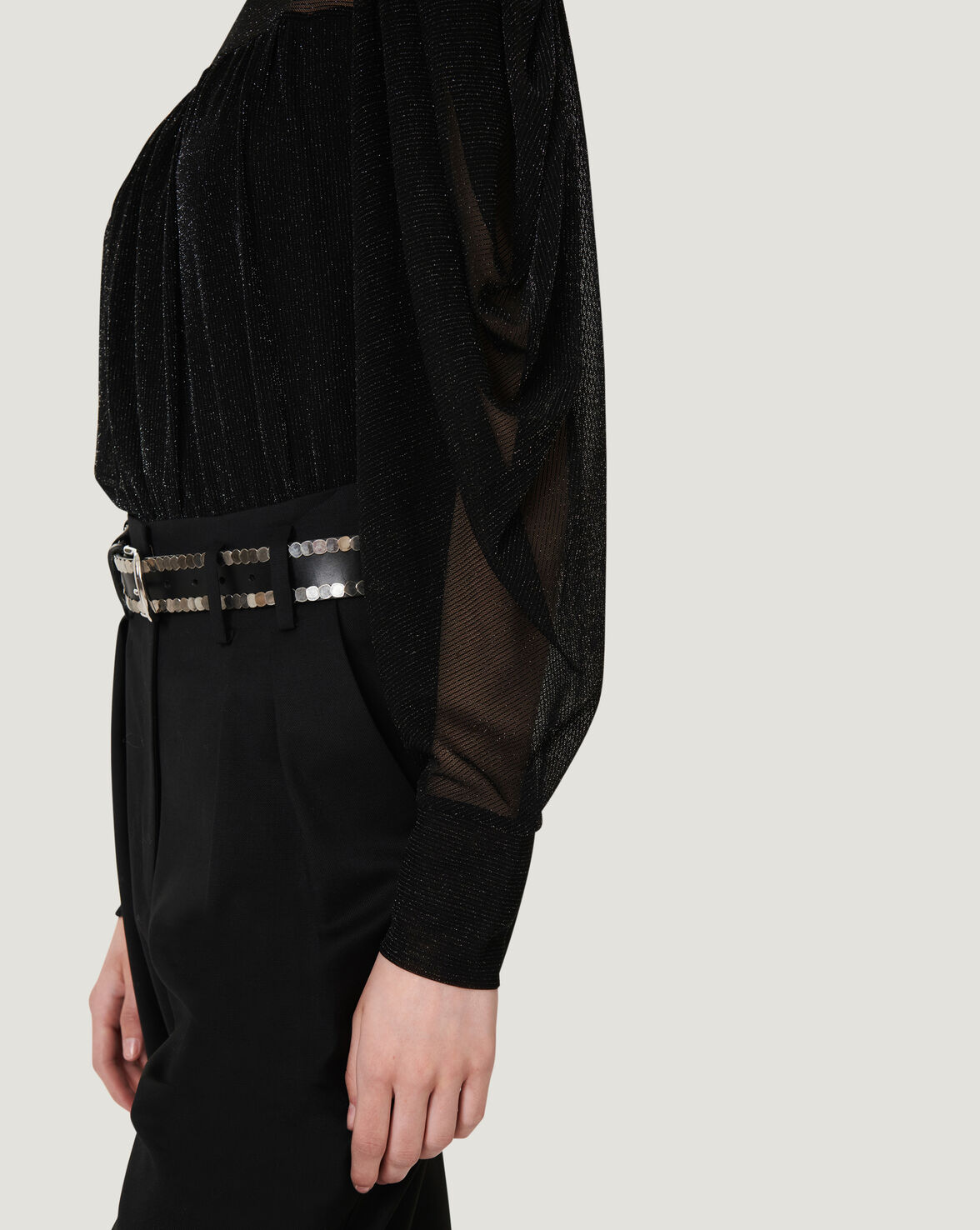 BRENNER SHEER METALLIC DRAPED KNIT TOP image number null