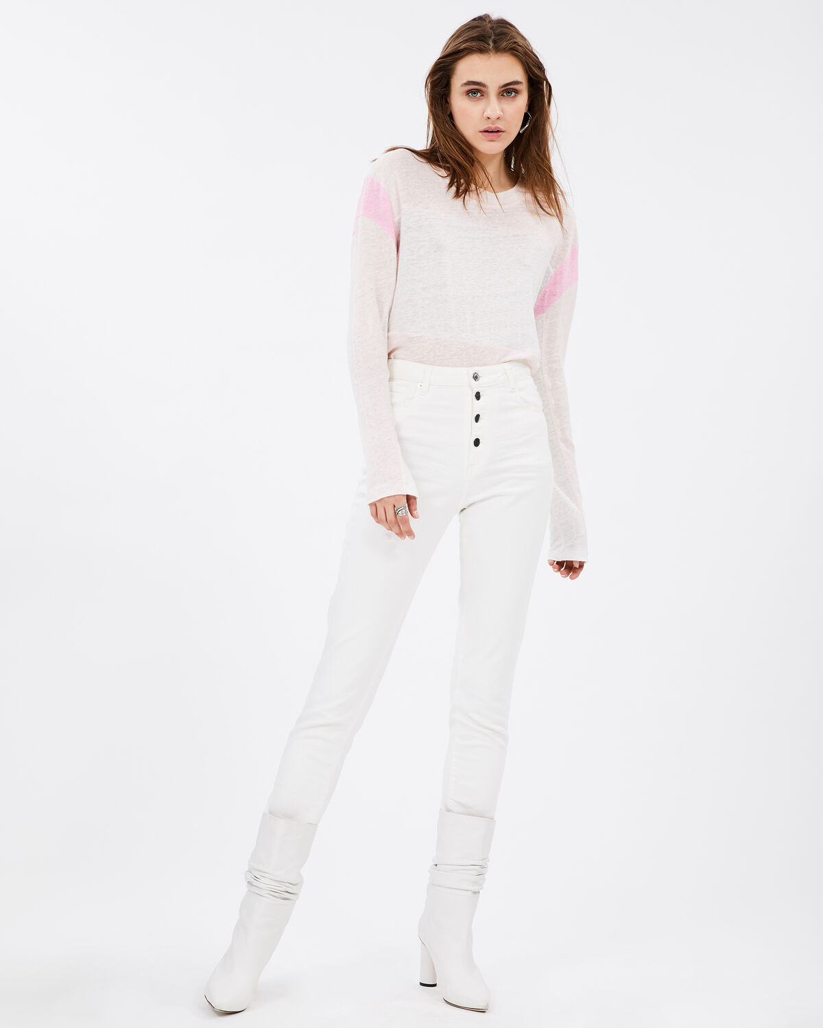 Photo of IRO Paris Sage T-Shirt Cream Pearl And Pink - Made Of Linen, This Tricolour Long-sleeved T-shirt Is A Basic Part Of The Women's Wardrobe. Slightly Transparent, It Will Bring A Touch Of Colour To Your Outfits. Wear It With White Pants For A Modern Urban Look. New In