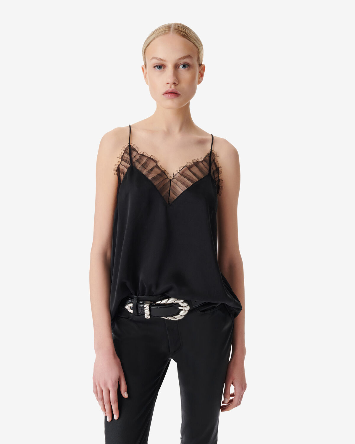 Photo of IRO Paris Berwyn Top Black - This Original Silk Top Is Characterized By Its Fluidity, Refinement And Lace Details. Play With Contrasts And Wear It With Jeans Or A Leather Skirt For A More Rocky Look. Shirts-Tops