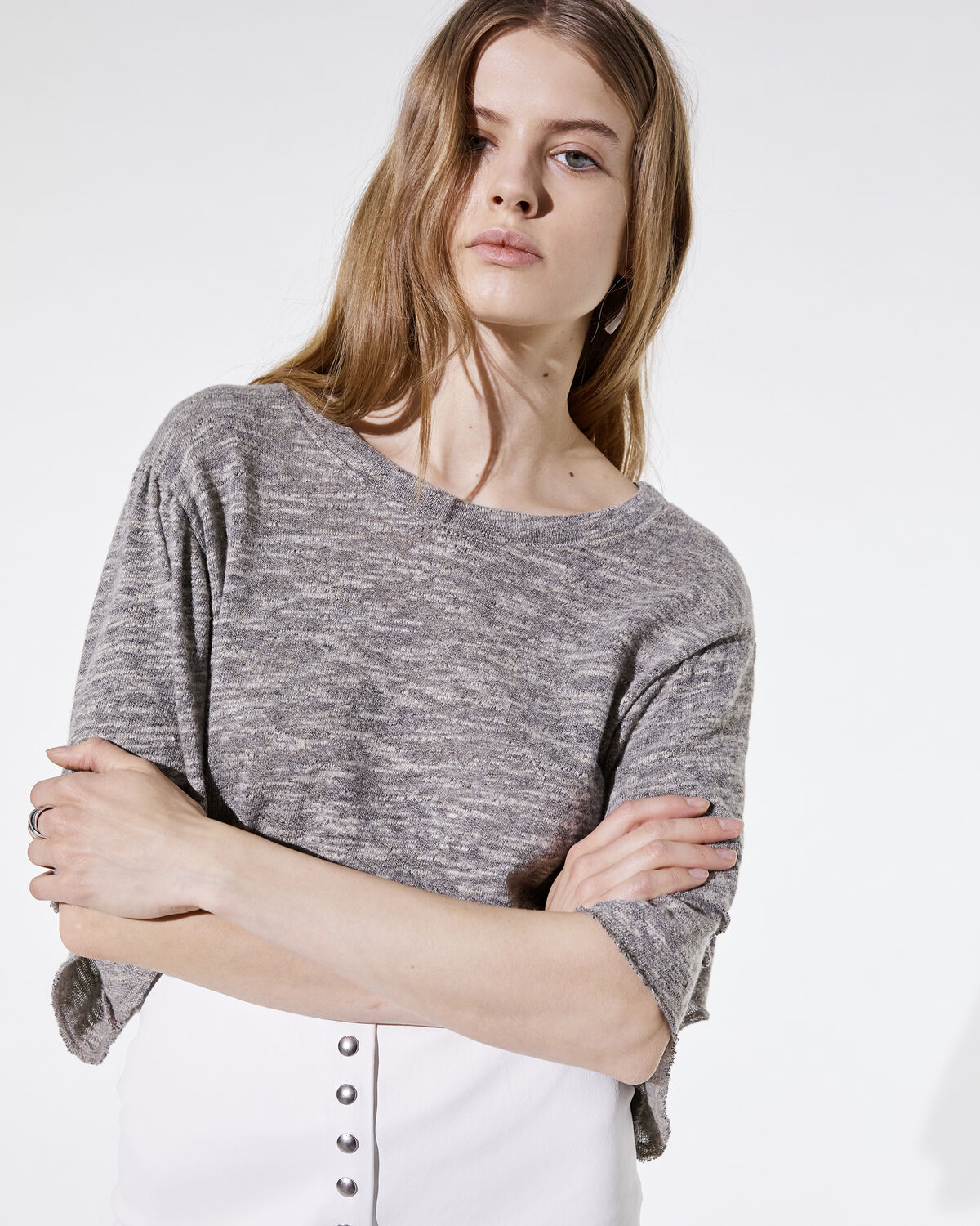 Photo of IRO Paris Yoder T-Shirt Mixed Grey - This Mottled T-shirt Will Bring A Touch Of Elegance To Your Silhouette With Its Subtly Flounced Sleeves. Wear It With A Leather Skirt For A Resolutely Refined And Modern Look. Fall Winter 19