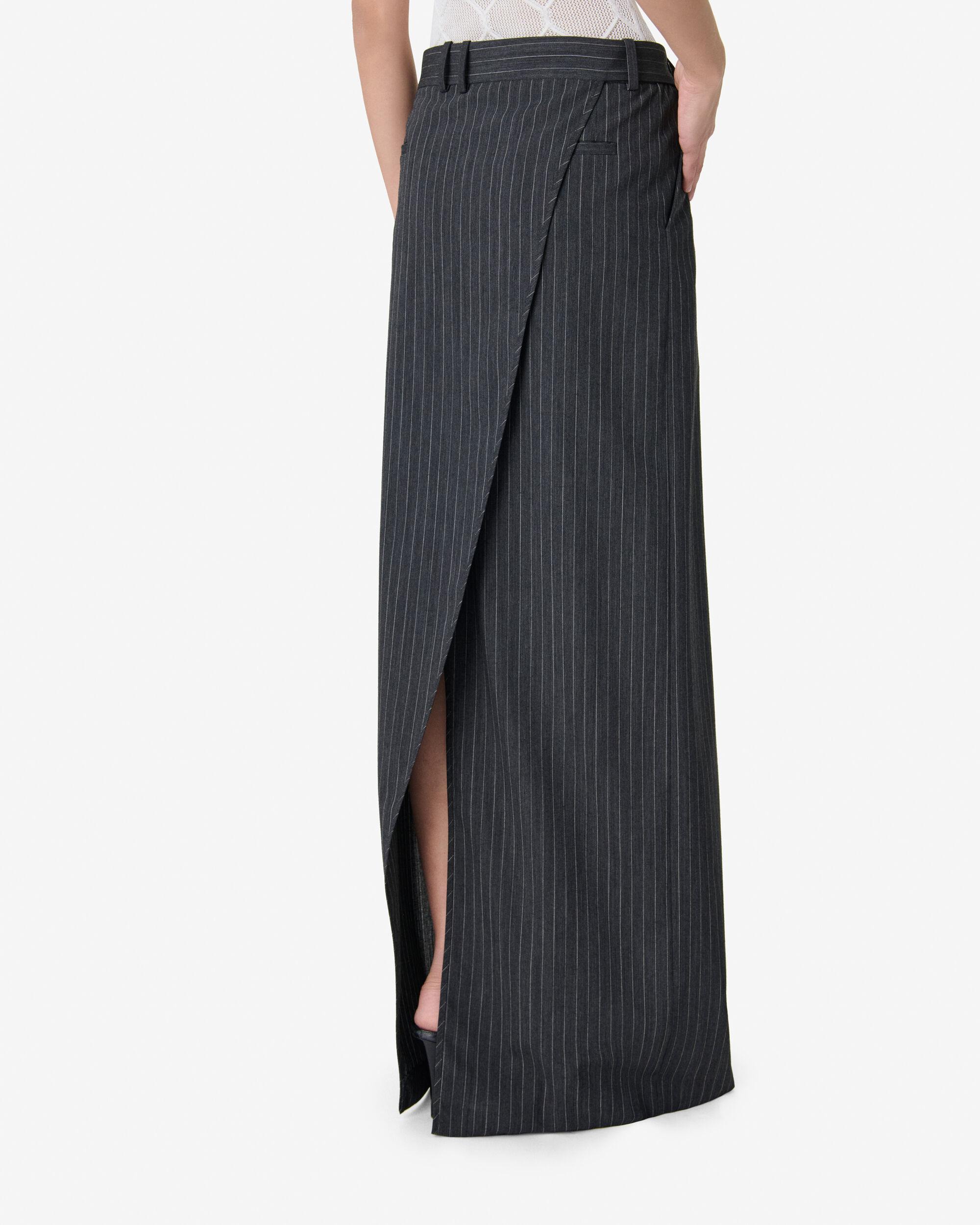 新品未使用！　COYSEIO スカート　STRIPE SKIRT ダークグレー KORAIL women grey wool long striped skirt | IRO