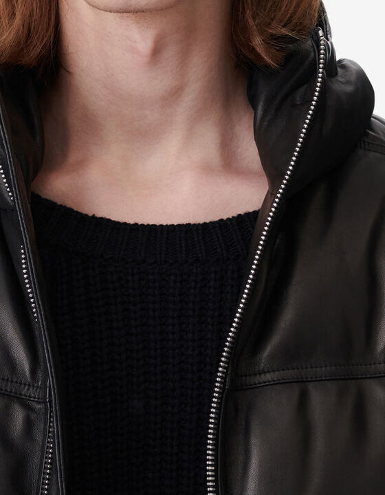 HOODED LEATHER DOWN JACKET