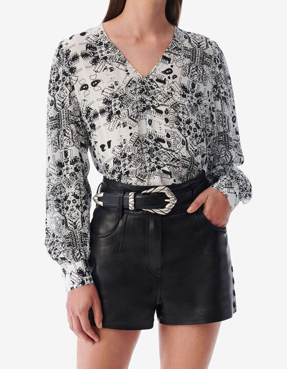 PRINTED V-NECK TOP WITH CUT-OUTS