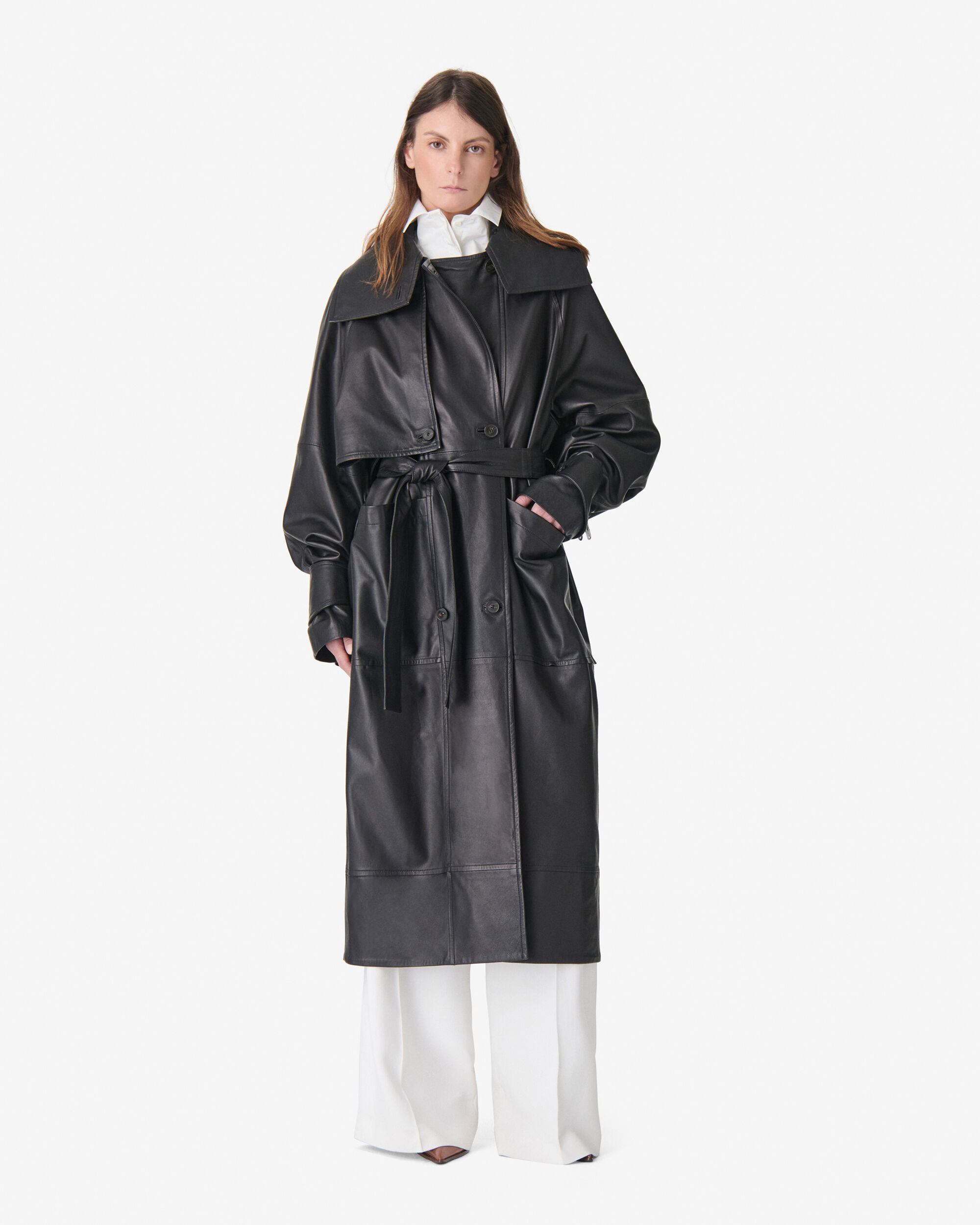 CORDOBA women black long leather trench coat | IRO