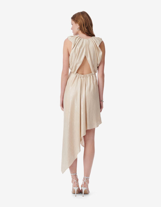 LONG LINEN LAM&Eacute; V-NECK DRESS