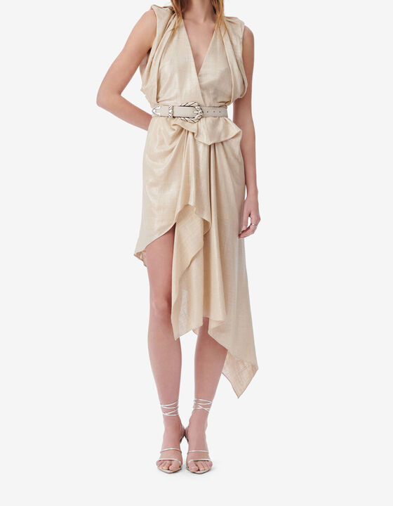 LONG LINEN LAMÉ V-NECK DRESS