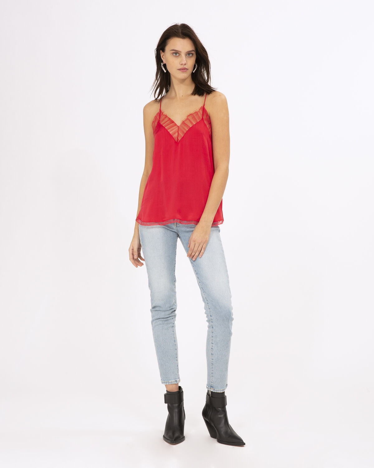 Photo of IRO Paris Berwyn Top Coral - Fluid And Airy, This Silk Top Is Distinguished By Its Lace Details, For A Romantic And Refined Look. It Is One Of Iro's Most Iconic Pieces. New In