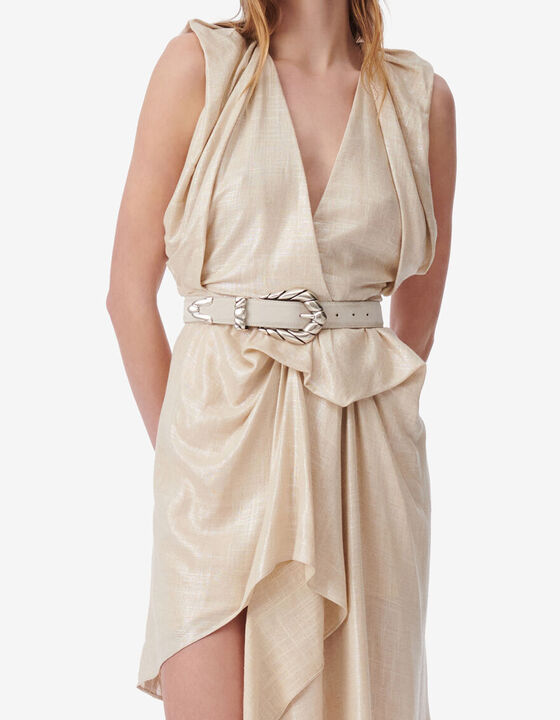 LONG LINEN LAM&Eacute; V-NECK DRESS