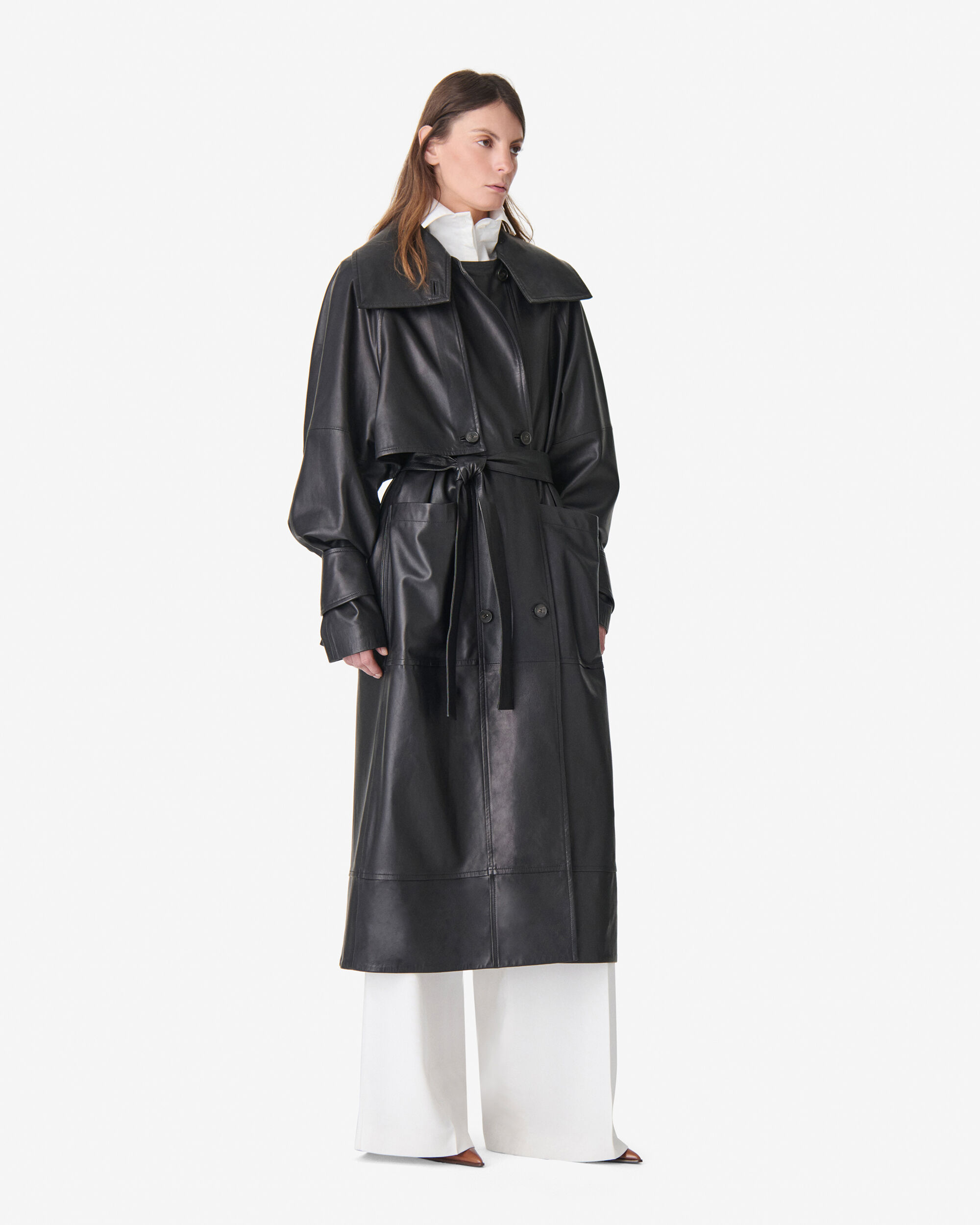 CORDOBA women black long leather trench coat | IRO