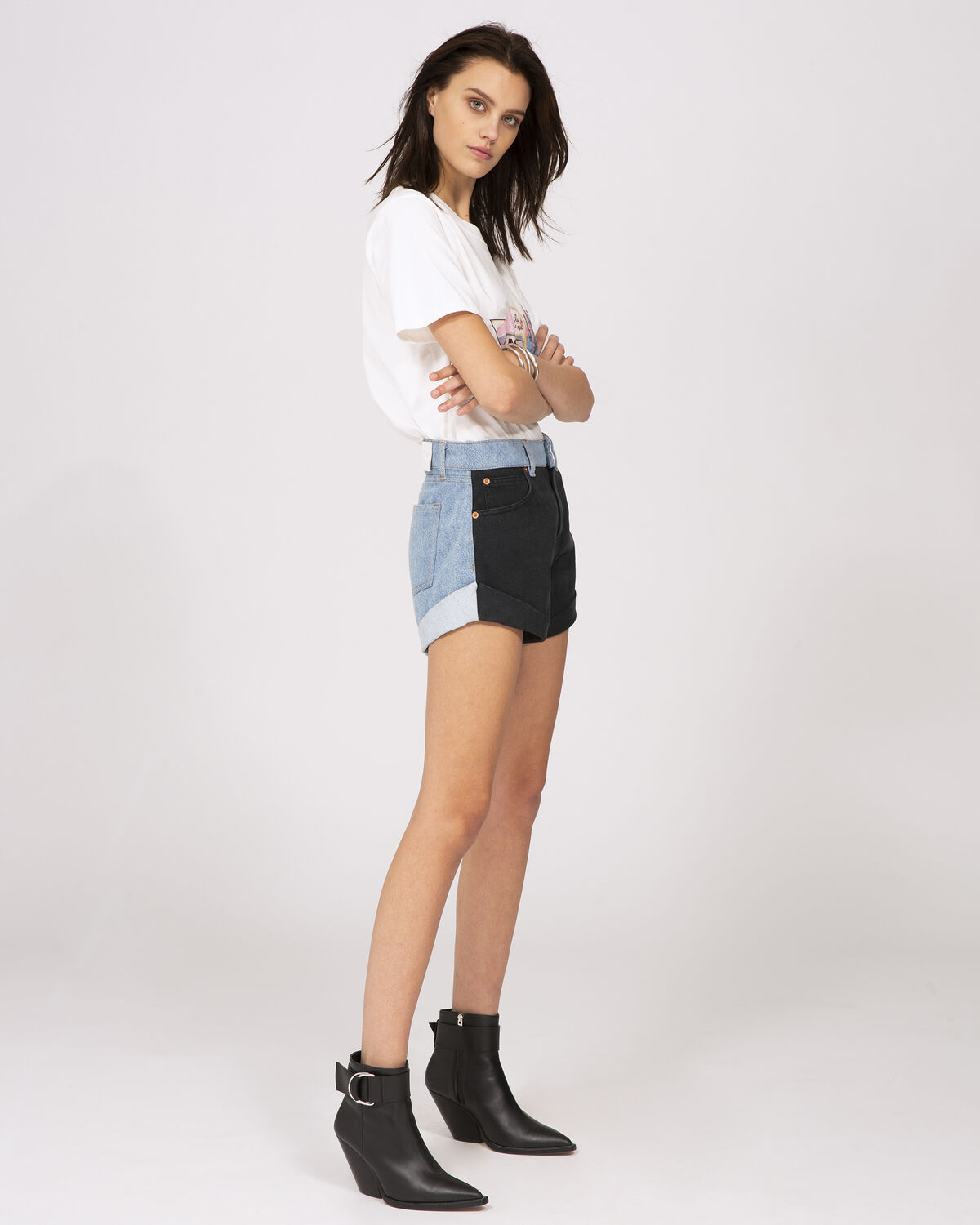 Photo of IRO Paris Willing Shorts Black And Blue Denim - These High Waist Shorts Are Characterized By Their Two-tone Aspect. Comfortable And Stylish, These Shorts Will Become An Essential Part Of Your Summer Dressing And Will Adapt To All Your Outfits, Both Chic And Casual. Spring Summer 19