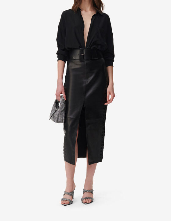 SPLIT LEATHER MIDI SKIRT