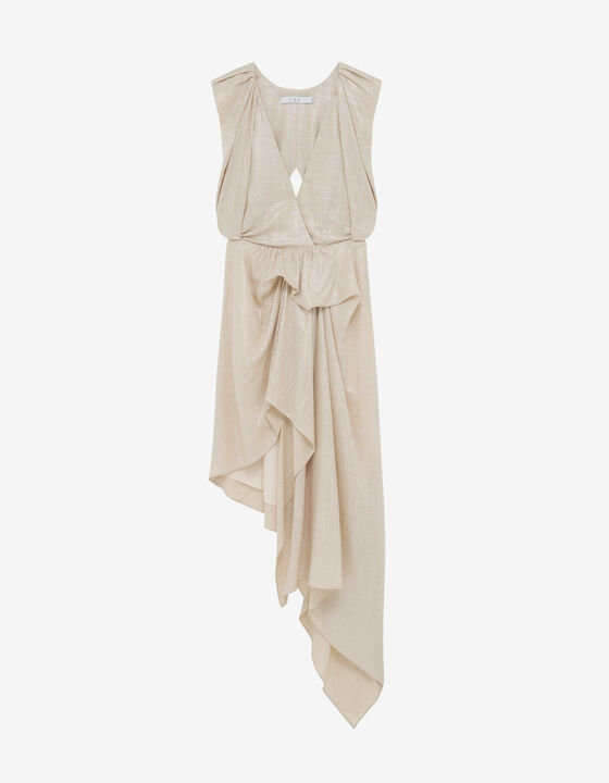 LONG LINEN LAMÉ V-NECK DRESS