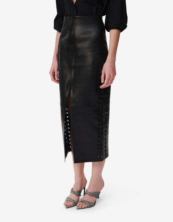 SPLIT LEATHER MIDI SKIRT