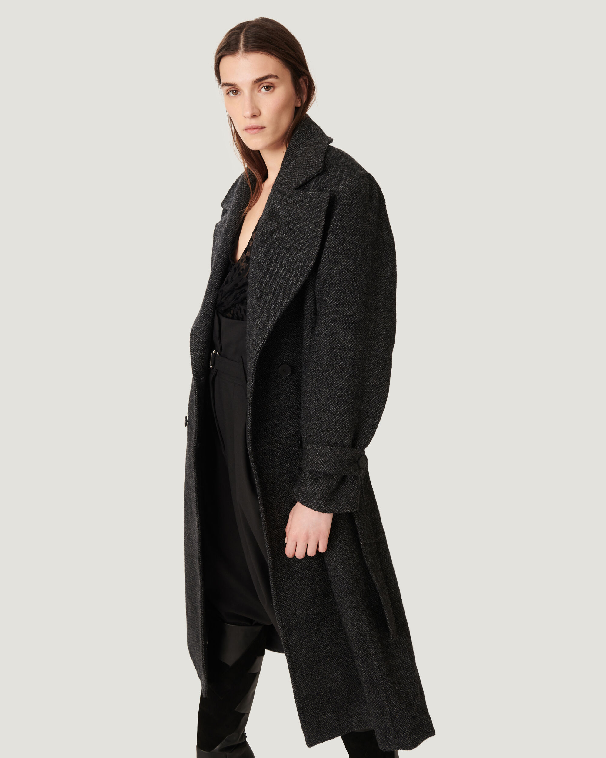 grey belted wool coat