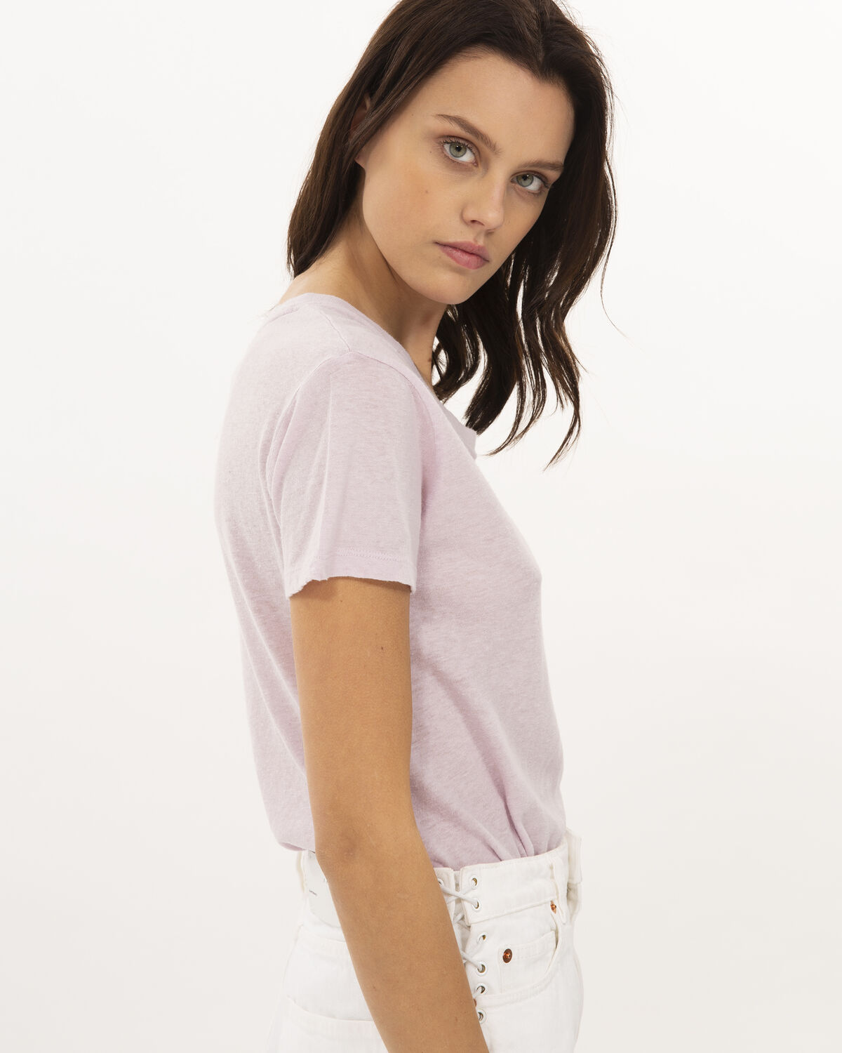 Photo of IRO Paris Strand T-Shirt Light Lavender - A Real Must Have In The Women's Wardrobe, This T-shirt Is A Blend Of Cotton, Linen And Silk And Is Distinguished By Its Light Transparency And Round Collar. Wear It With White Jeans Or Shorts For A Summery And Casual Look. Spring Summer 19