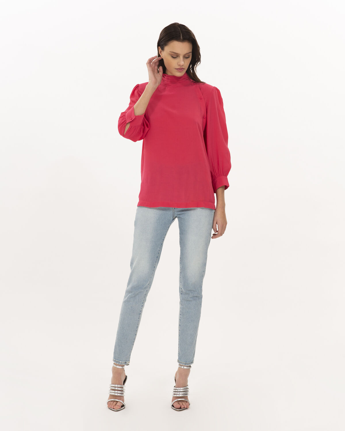 Photo of IRO Paris Sense Top Fushia - This Top Is Distinguished By Its Pleated Collar, Marked Shoulders And Buttons On The Front. With Its Sparkling Colour, Wear It With Light Raw Jeans For A Sunny Look. Spring Summer 19