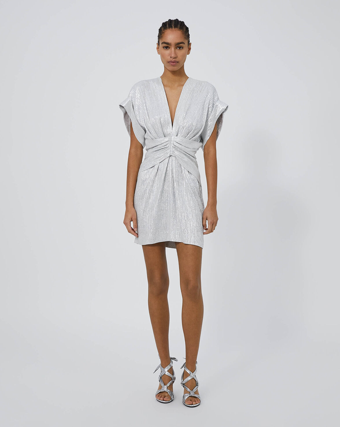 Iro Bilou Lurex Dress With Plunging Neckline In White/silver