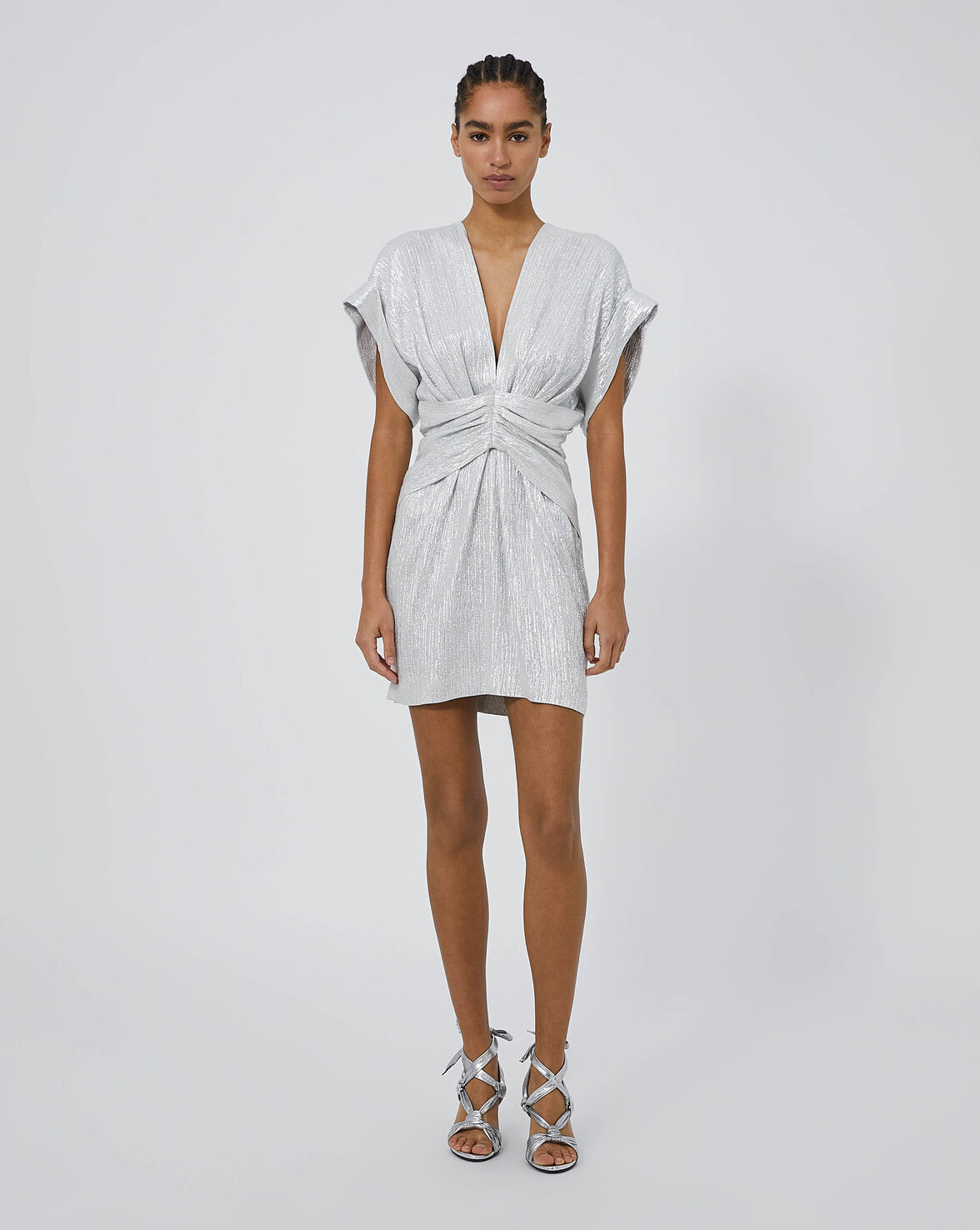 Click to view more detailed imagery on our partner's website Iro Bilou Lurex Dress With Plunging Neckline In White/silver