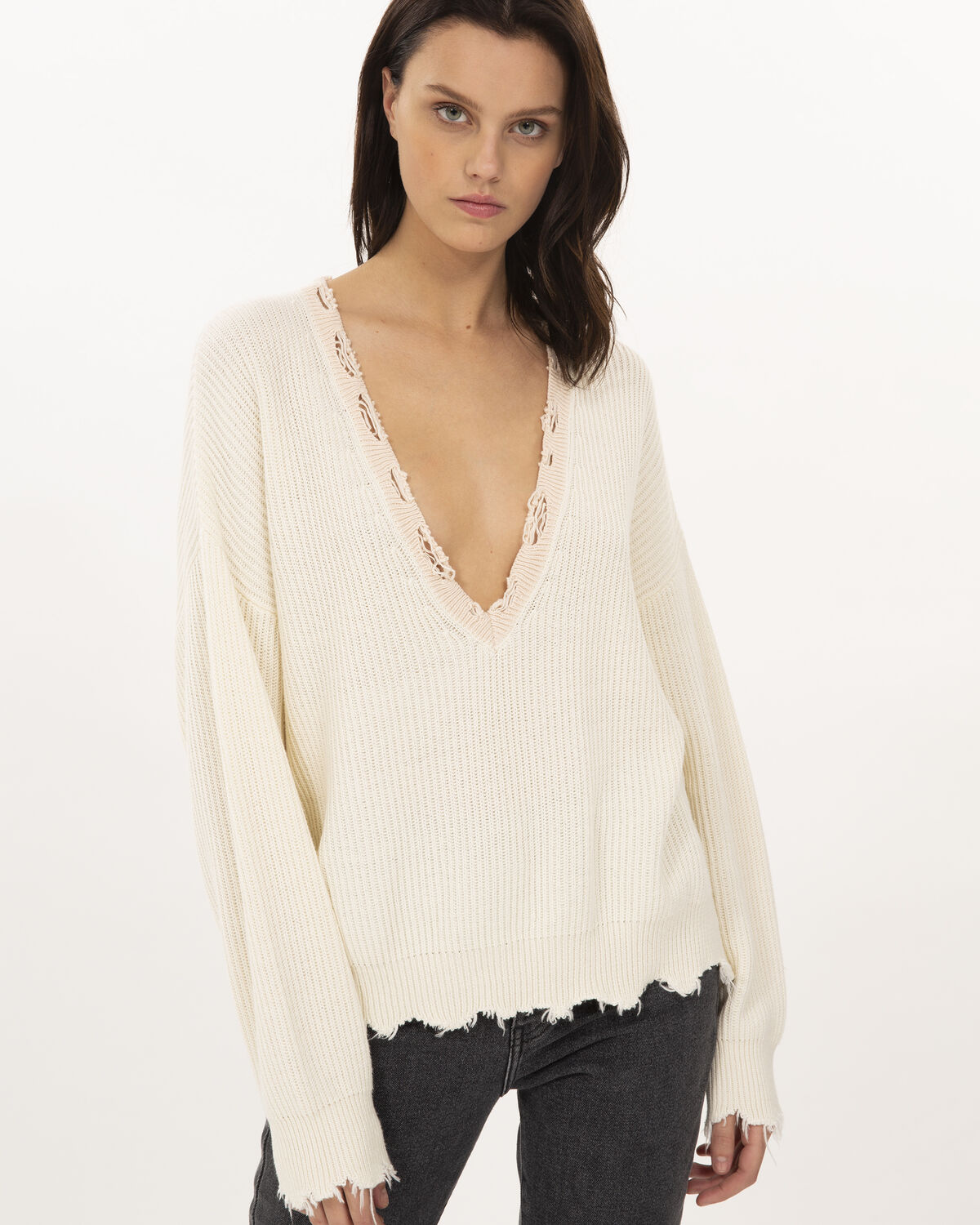 Photo of IRO Paris Shore Sweater Ecru - This Cashmere And Cotton Blend Sweater Is Distinguished By Its Frayed Details. With Its Two-tone Dipped V Neckline And Visible Mesh, It Will Bring A Touch Of Glamour To Your Outfits. New In
