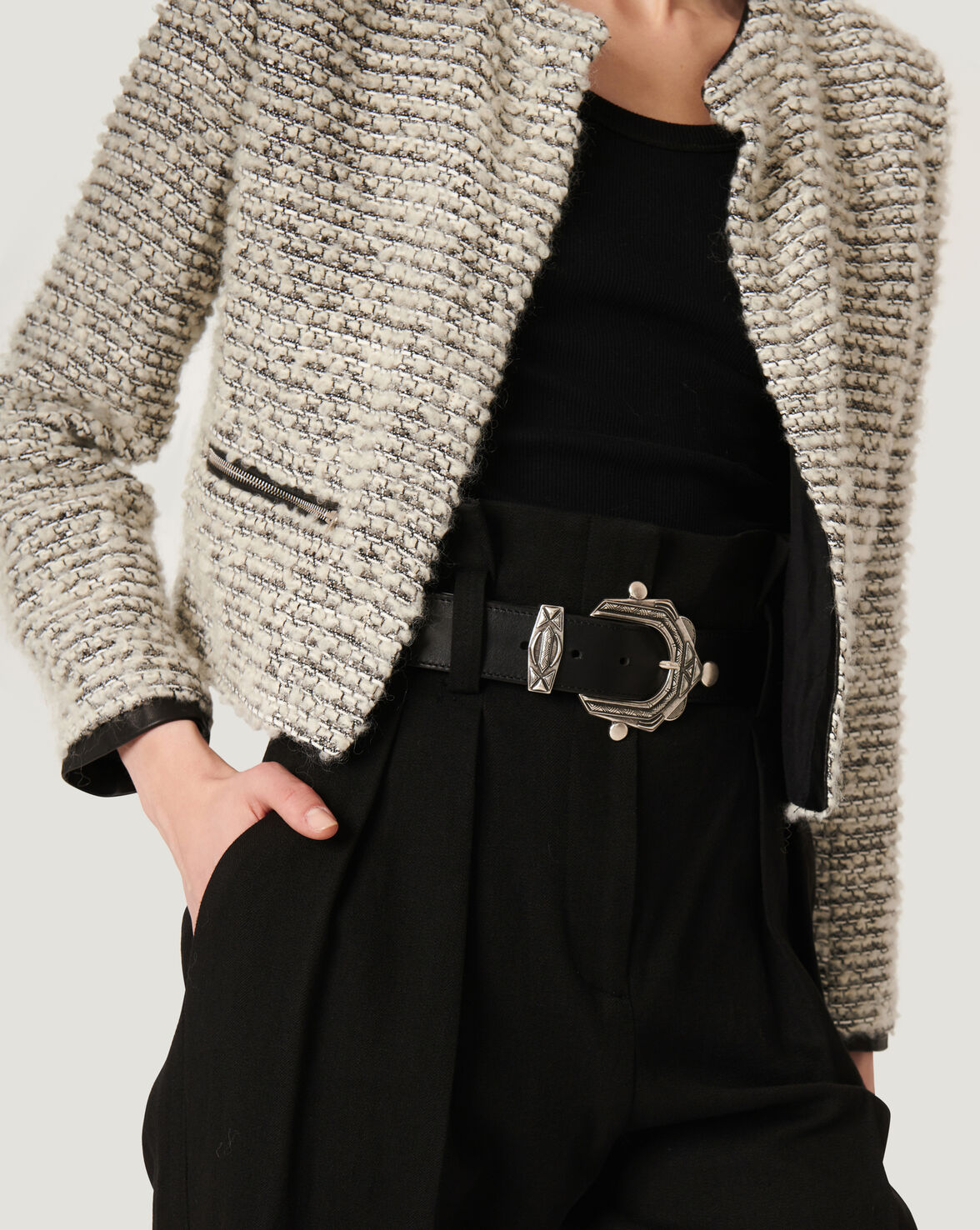 LEDISI COLLARLESS OPEN KNIT JACKET image number null
