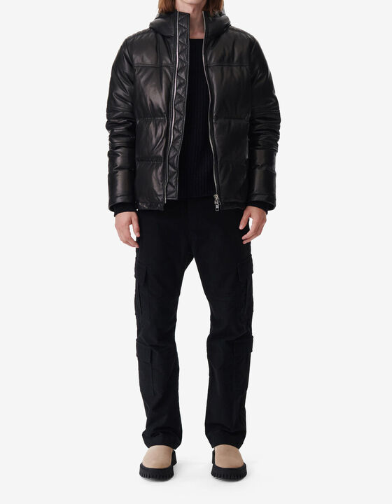 HOODED LEATHER DOWN JACKET