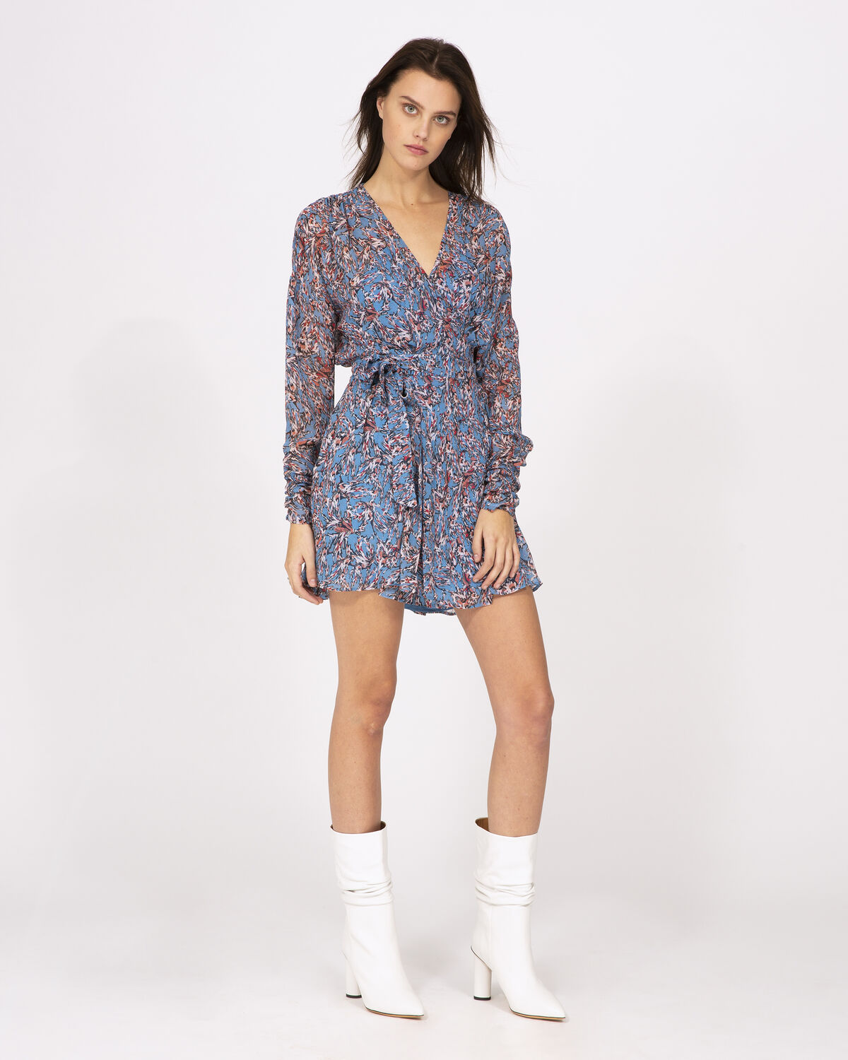 Photo of IRO Paris Bustle Dress Blue - This Long-sleeve Wrap Dress Has It All: A Deep V Neckline, A Colourful Print And Gathered Details. Combine It With White Boots For A Resolutely Modern Look. Dresses