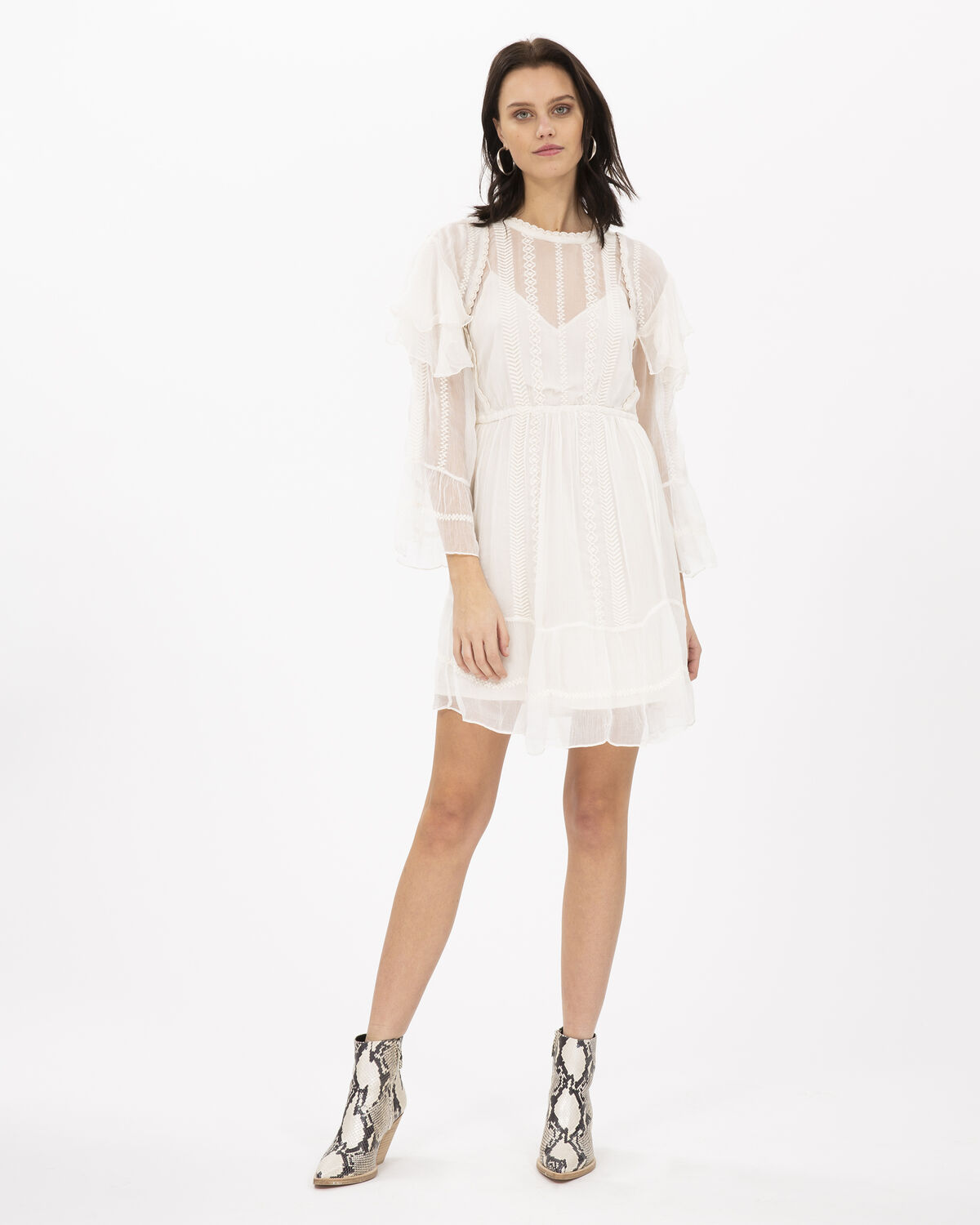 Photo of IRO Paris Western Dress Ecru - This Short Dress With 3/4 Sleeves Is Distinguished By Its Transparency And Multiple Flounces. With Its Delicate Embroidery, It Is The Ideal Piece For A Glam-rock Look. Dresses