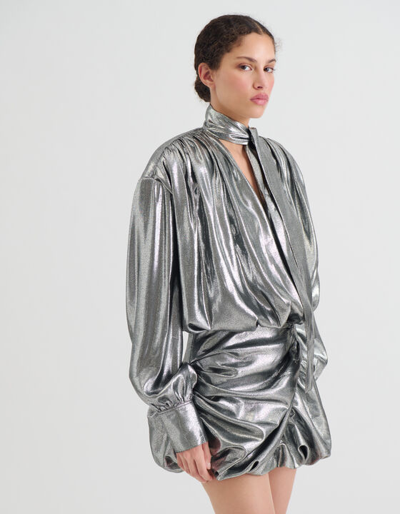METALLIC SILK DRAPED DRESS