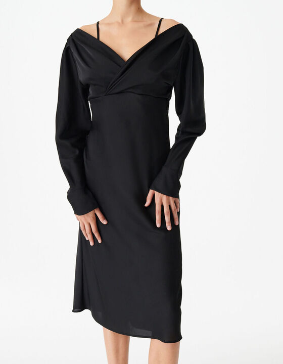 DRAPED V-NECK MIDI DRESS